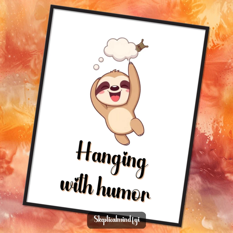 Funny giggling sloth poster of a sloth dangling upside down with a thought bubble, representing relaxed humor.