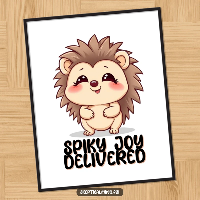 Funny hedgehog poster featuring a giggling character looking up with a playful glint, ideal for wall decor.