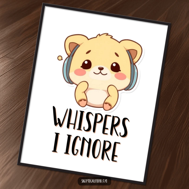 Funny poster of a kawaii animal wearing earmuffs, shaking its head at a whisper, depicting a humorous desire to tune out distractions.