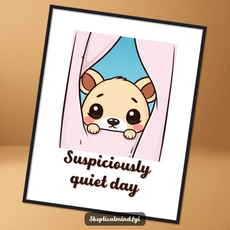 Funny poster featuring a kawaii animal peeking from behind a curtain, its wide eyes expressing doubt and charm, a humorous wall art piece.