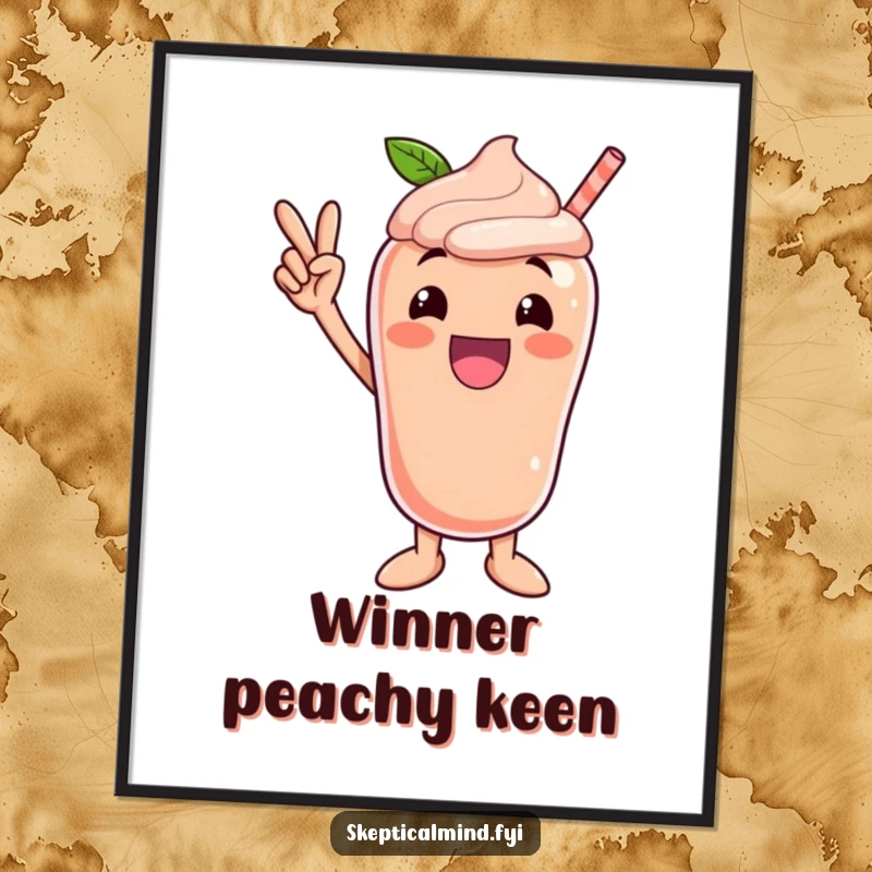 Funny poster art of an excited peach smoothie character striking a dynamic victory pose, radiating triumph and motivation.