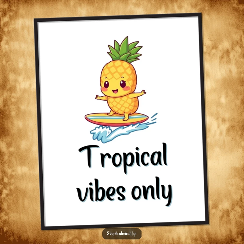 Funny pineapple smoothie character riding a small surfboard with an energetic pose, making this poster a burst of tropical joy.