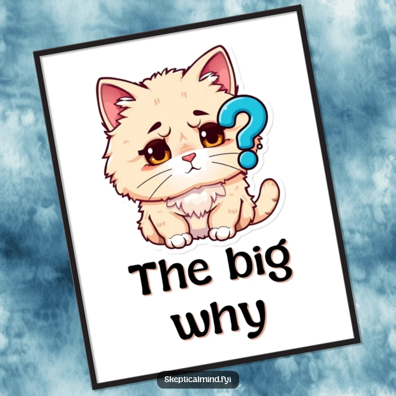 Funny poster featuring a fluffy cat with wide, questioning eyes, staring intently at a bold question mark icon, sparking curiosity.