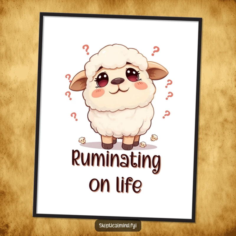 Funny sheep poster art of a fluffy sheep with a furrowed brow surrounded by tiny doubts, adding relatable humor to walls.