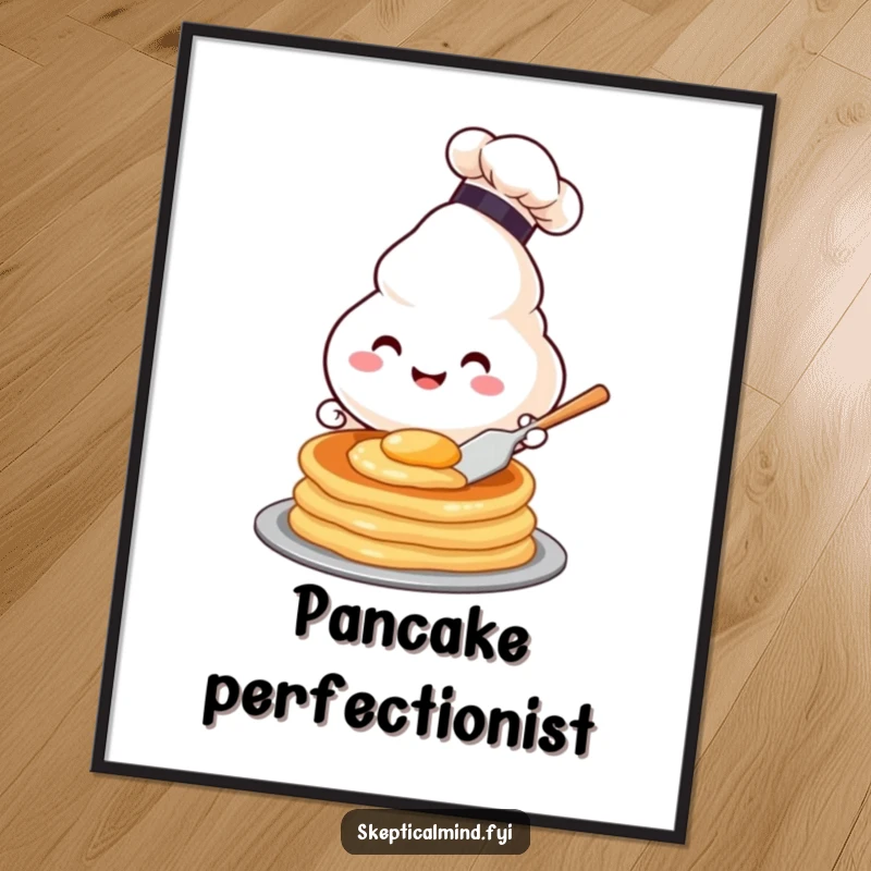 Funny poster of a happy sour cream dollop character wearing a chef hat, flipping a pancake with humorous skill.