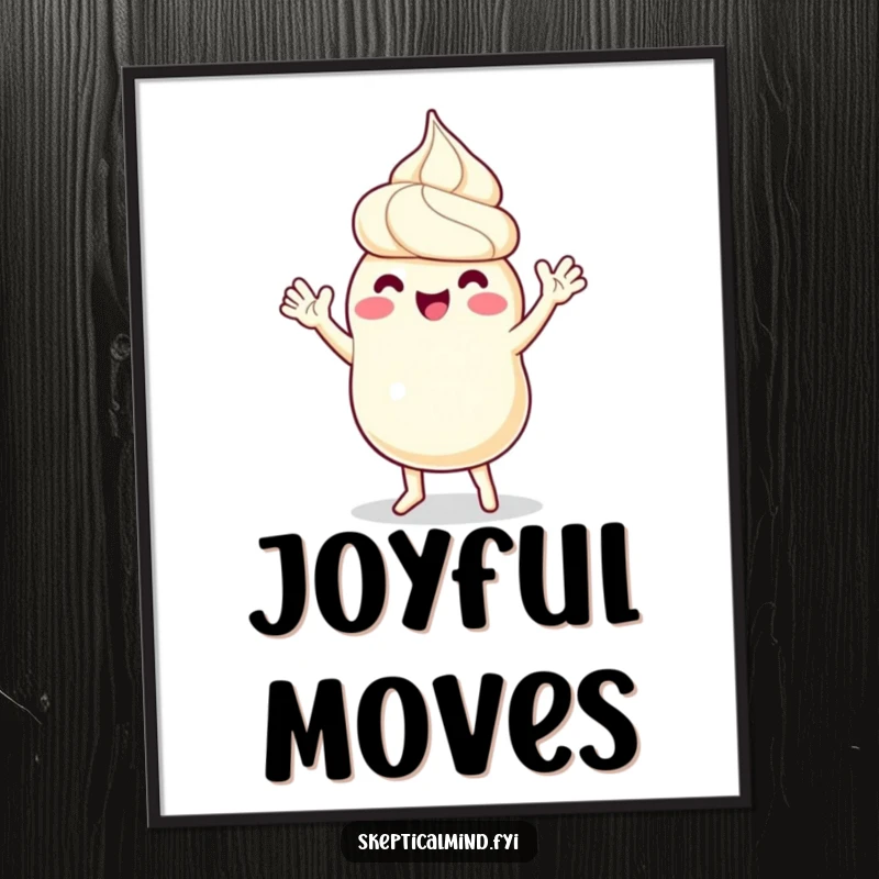 Funny poster art of a sour cream character in a joyful dance, with tiny arms waving enthusiastically, radiating pure, unadulterated happiness.