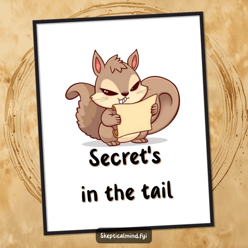 Funny squirrel poster art of a mischievous squirrel with a sly grin, holding a tiny scroll of secrets, adding humor to walls.
