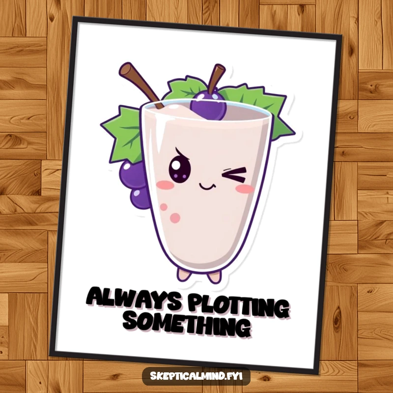 Funny grape smoothie character giving a knowing, mischievous wink, perfect for adding personality to wall art.