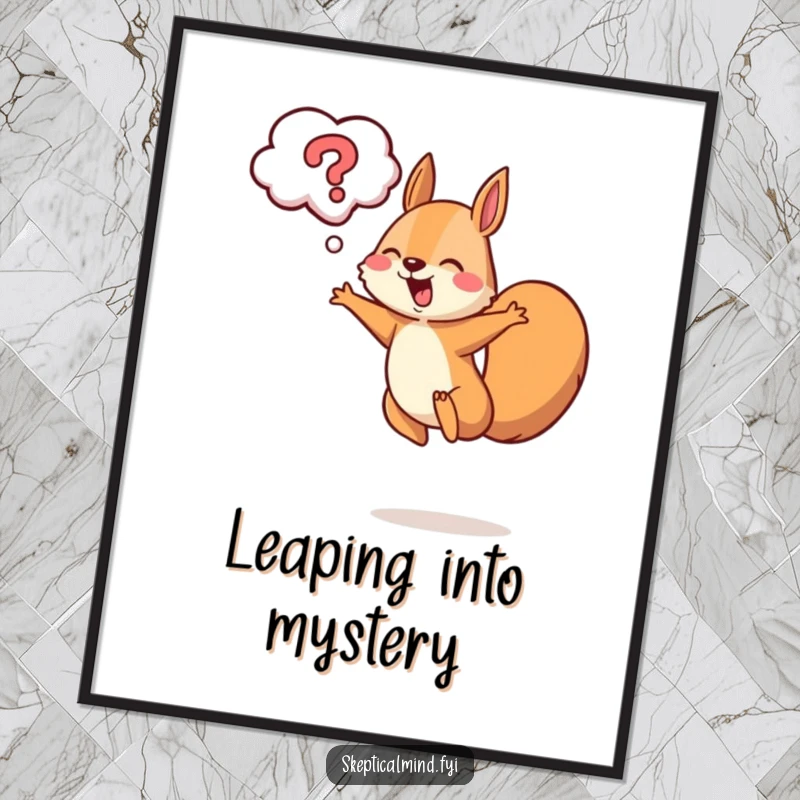 Funny squirrel poster of a cheerful squirrel leaping with a question mark cloud above, symbolizing curiosity and energy.
