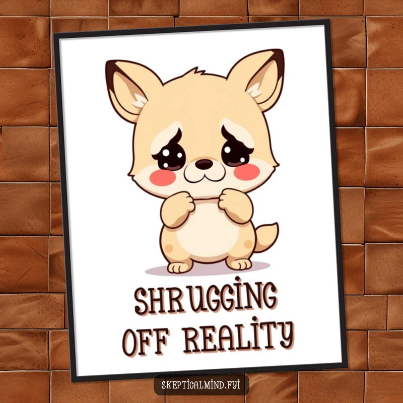 Funny poster of a kawaii animal shrugging with an exaggerated look of disbelief, adding a humorous and expressive touch to wall decor.