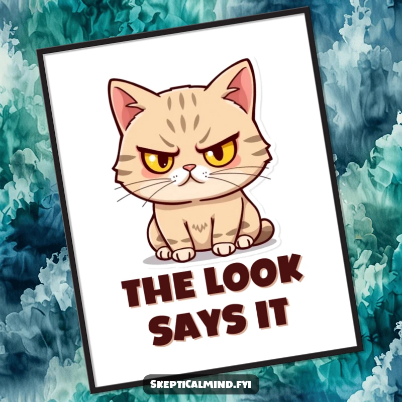 Funny Sassy Cat Poster showing a cat with one eyebrow raised, looking unimpressed yet amused, perfect for sassy and humorous wall decor.
