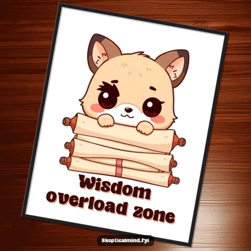 Funny Kawaii animal with one eyebrow raised, peeking over a massive pile of scrolls, exuding an air of sophisticated amusement on a vibrant poster.