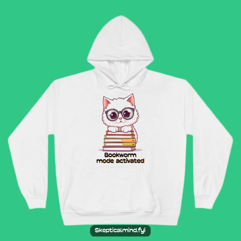 Cozy Funny Cat Hoodie: Warm fleece with bookish cat and glasses, a cozy gift.
