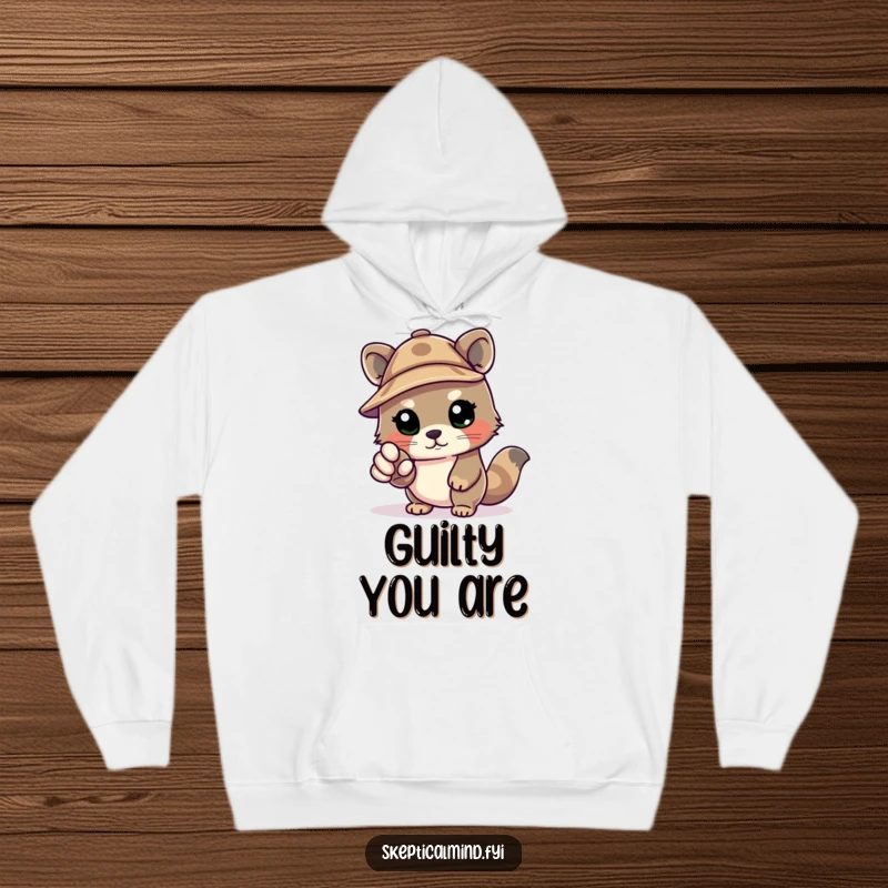 Funny Kawaii animal wearing a tiny deerstalker hat, pointing an accusatory paw, printed on a soft, warm hoodie for cozy crime-solving.