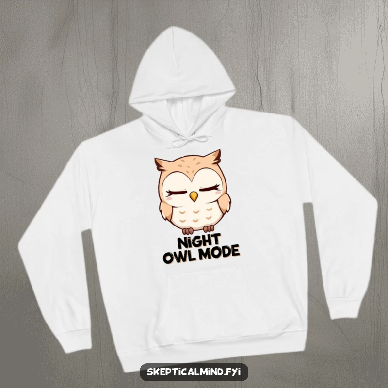 Funny Hoodie with a sleepy owl character who is blinking slowly and tilting its head quizzically, suggesting deep thought or mild confusion.