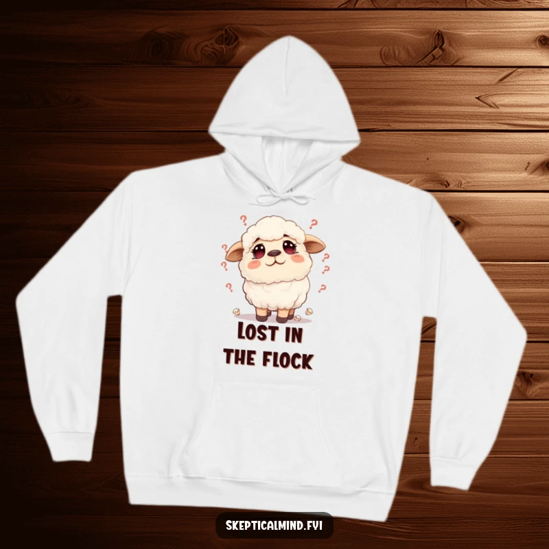 Funny sheep hoodie featuring a fluffy sheep with a furrowed brow, surrounded by tiny doubts, offering warm, relatable humor.