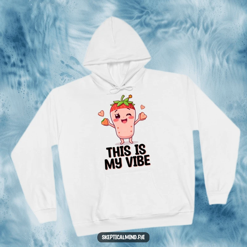 Funny hoodie featuring a cheerful strawberry smoothie character juggling fruit, perfect for cozying up with a dose of humor.