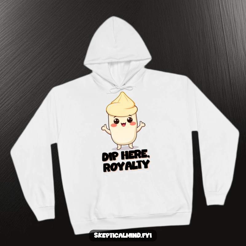 Funny hoodie featuring a proud sour cream character offering a chip, embodying snack perfection and cozy comfort for a delightful wear.