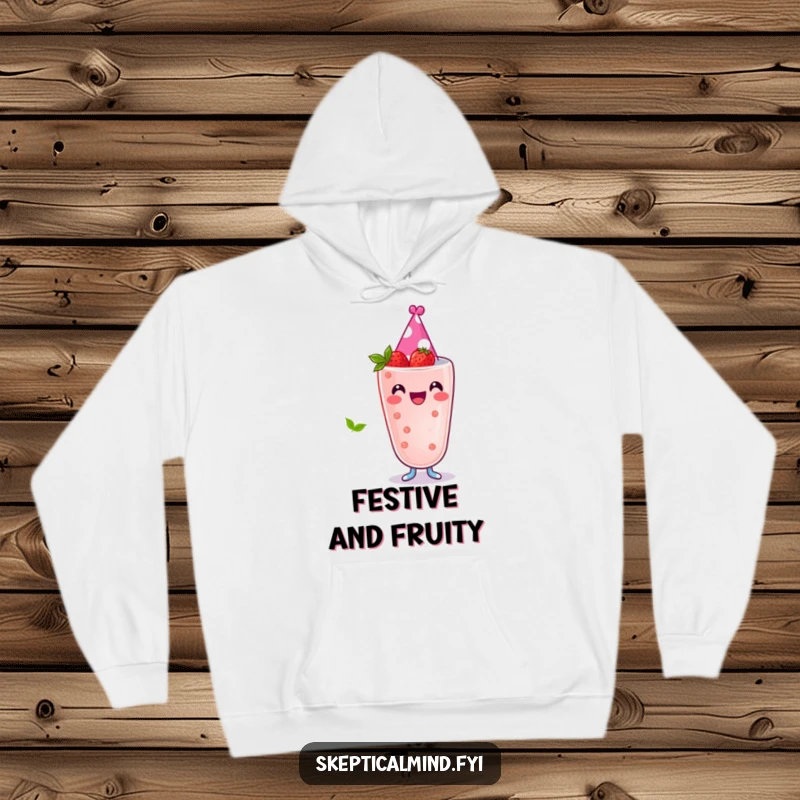 Funny hoodie with a joyful berry smoothie character wearing a tiny party hat, perfect for celebrating in cozy style.