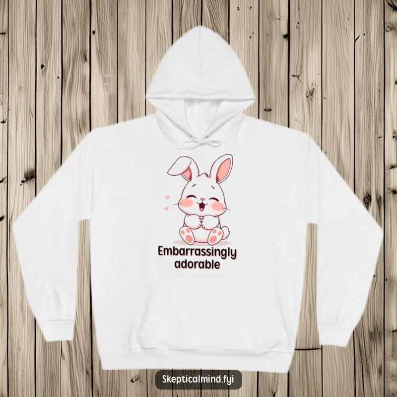 Funny Hoodie: A blushing bunny giggles shyly behind its paws, ears flopped, offering a cozy and heartwarming design.