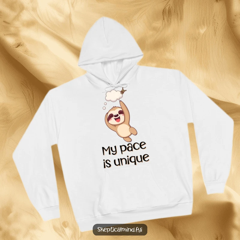 Funny giggling sloth hoodie featuring a sloth dangling upside down with a thought bubble, signifying cozy contentment.