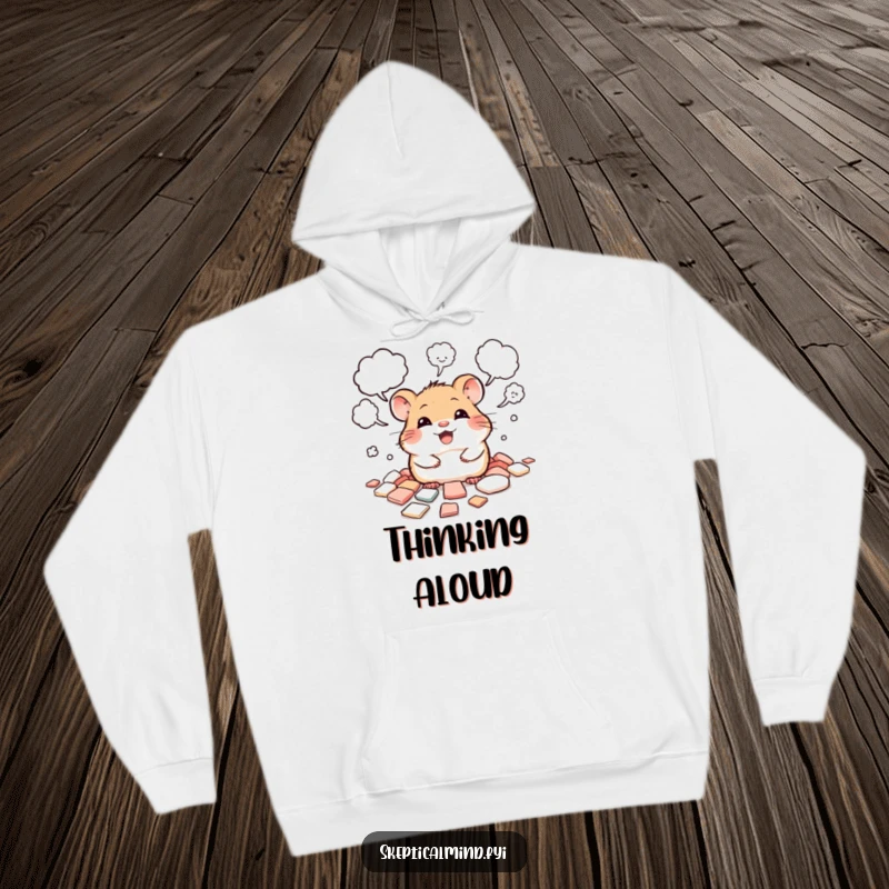 Funny hoodie showing a giggling hamster surrounded by thought bubbles, embodying a playful and creative mind.