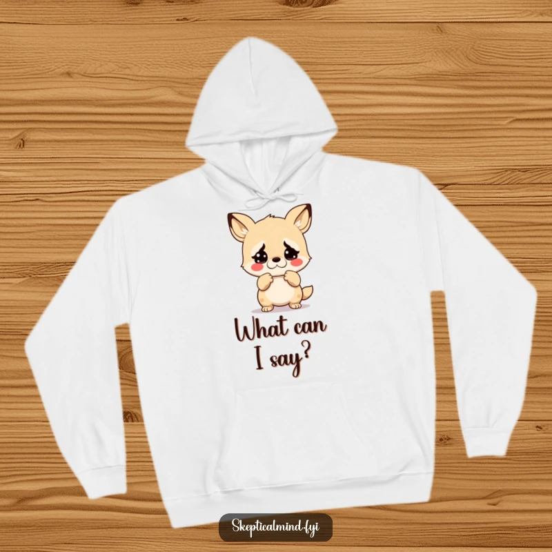 Funny hoodie featuring a kawaii animal shrugging with an exaggerated look of disbelief, providing warmth and hilarious, relatable shock.