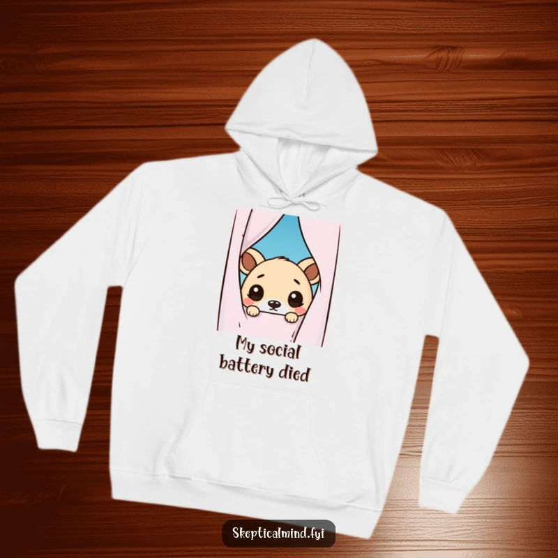 Funny hoodie showcasing a kawaii animal peeking from behind a curtain with wide, doubtful eyes, offering warmth and humorous, relatable suspicion.
