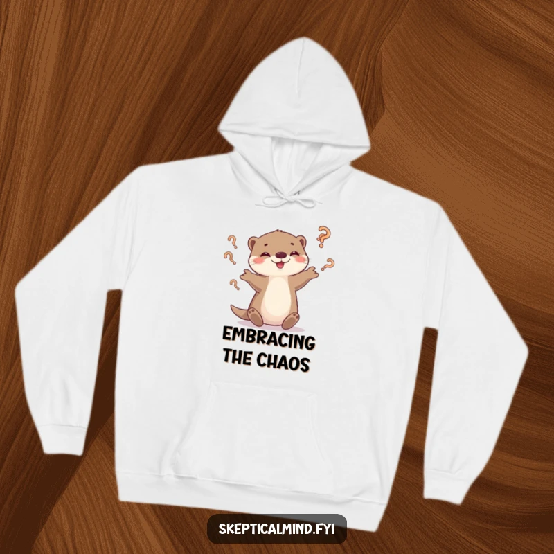 Funny otter hoodie depicting a playful otter juggling question marks with a smirk, perfect for cozy contemplation.