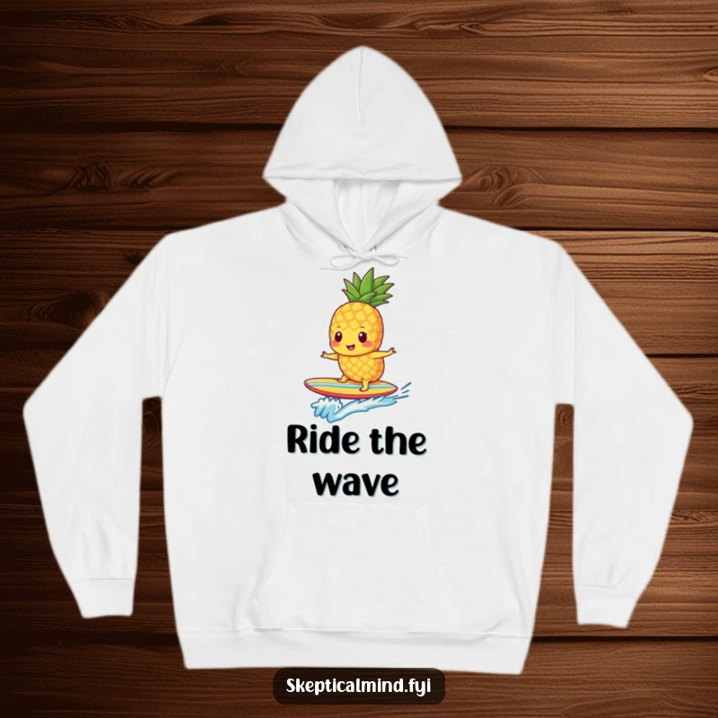 Funny pineapple smoothie character chilling on a surfboard, embodying laid-back fun and warmth in this cozy hoodie.