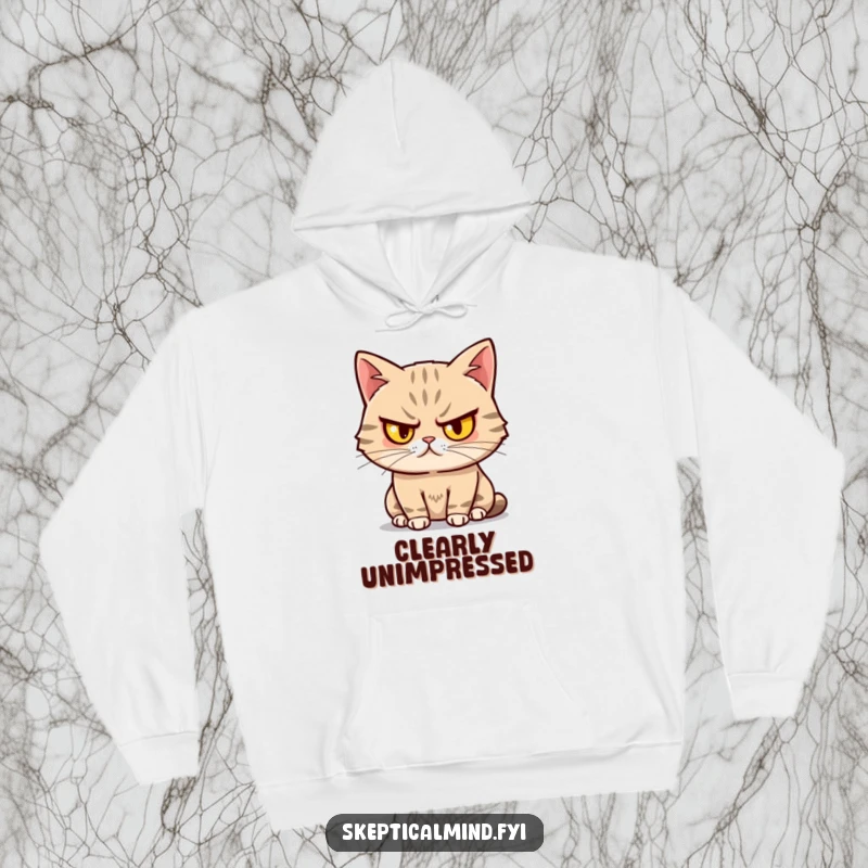 Funny Sassy Cat Hoodie showing a cat with one eyebrow raised, looking unimpressed yet amused, combining warmth with superior feline attitude.