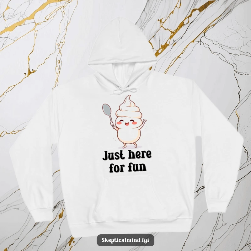 Funny hoodie with a giggling sour cream character performing a wild spoon dance, designed for maximum comfort and comedic delight.