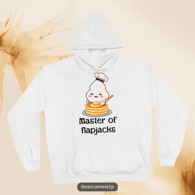 Funny hoodie showing a happy sour cream character with a chef hat flipping a pancake, embodying humorous kitchen creativity.