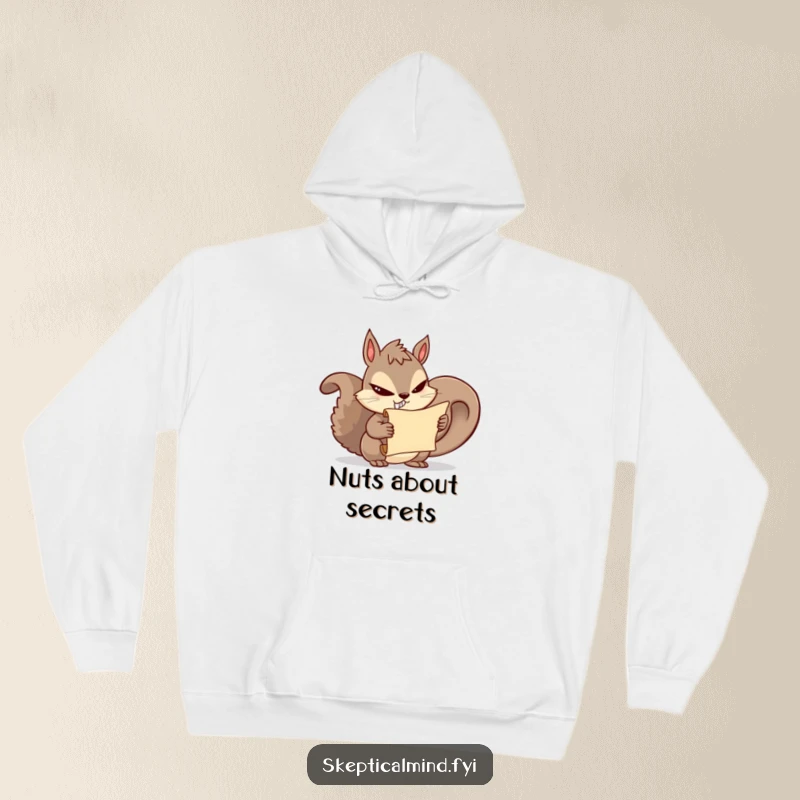 Funny squirrel hoodie featuring a mischievous squirrel with a sly grin, holding a secret scroll, offering warmth and humor.