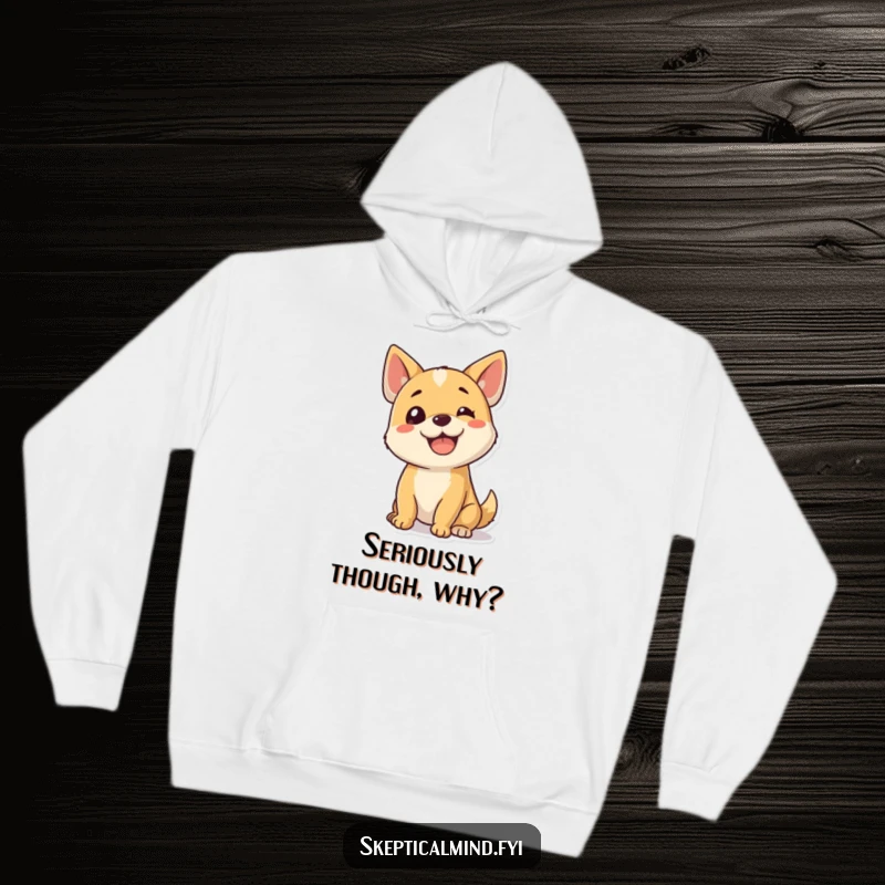 Funny dog hoodie with a happy puppy tilting its head, expressing cute confusion, perfect for cozy, humorous wear and dog fans.