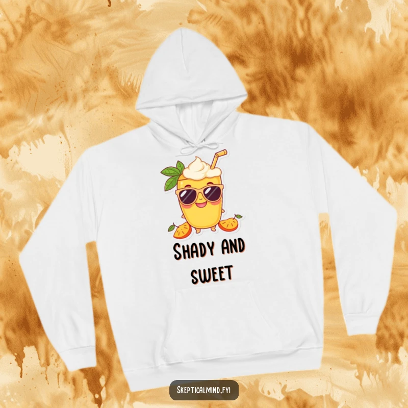 Funny Mango smoothie character wearing oversized sunglasses and a happy grin, featured on a cozy hoodie.