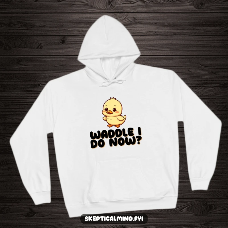 Funny duckling hoodie with a small duckling waddling, looking confused but amused, perfect for cozy, humorous apparel.