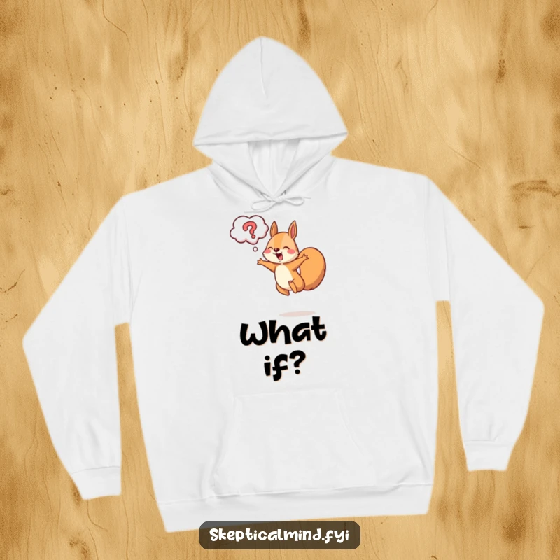 Funny squirrel hoodie featuring a happy squirrel leaping with a question mark cloud above, embodying curiosity.