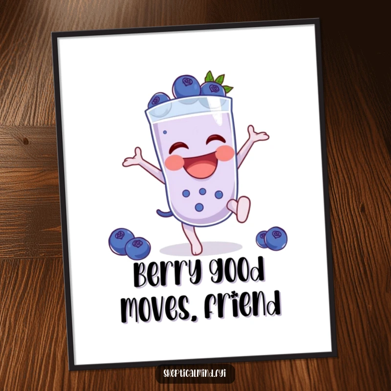Funny Free Printable Wall Art: Laughing blueberry smoothie character doing a cartwheel, an energetic and humorous downloadable art piece.