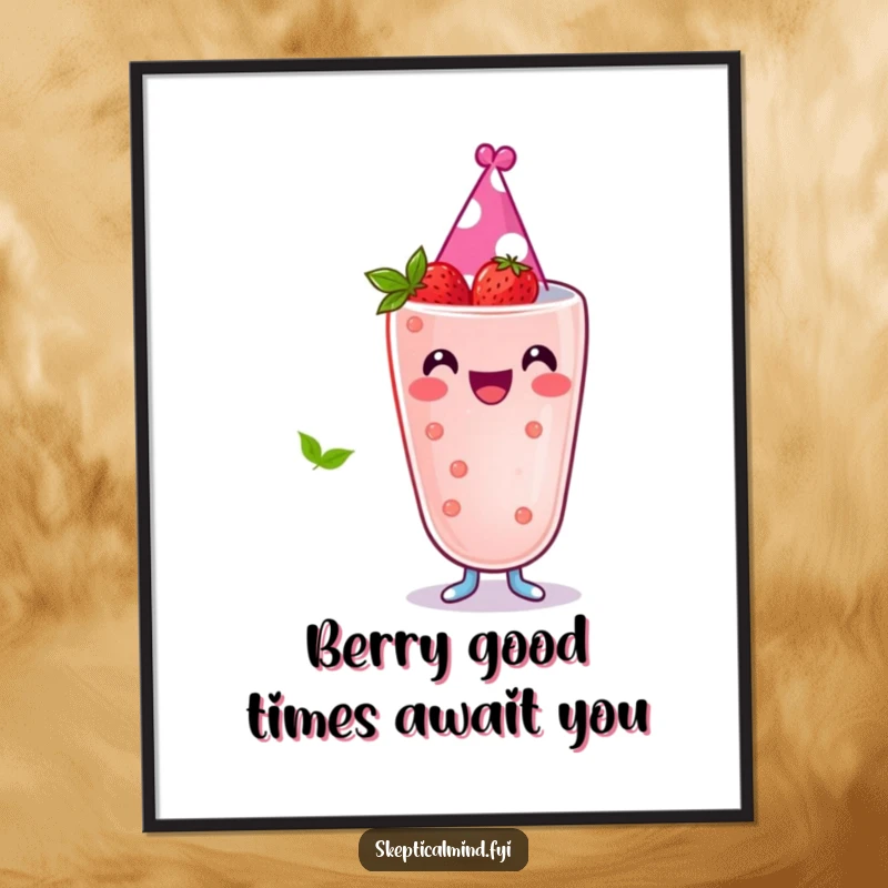 Funny Free Printable Wall Art: A joyful berry smoothie character wearing a festive tiny party hat smiles brightly.