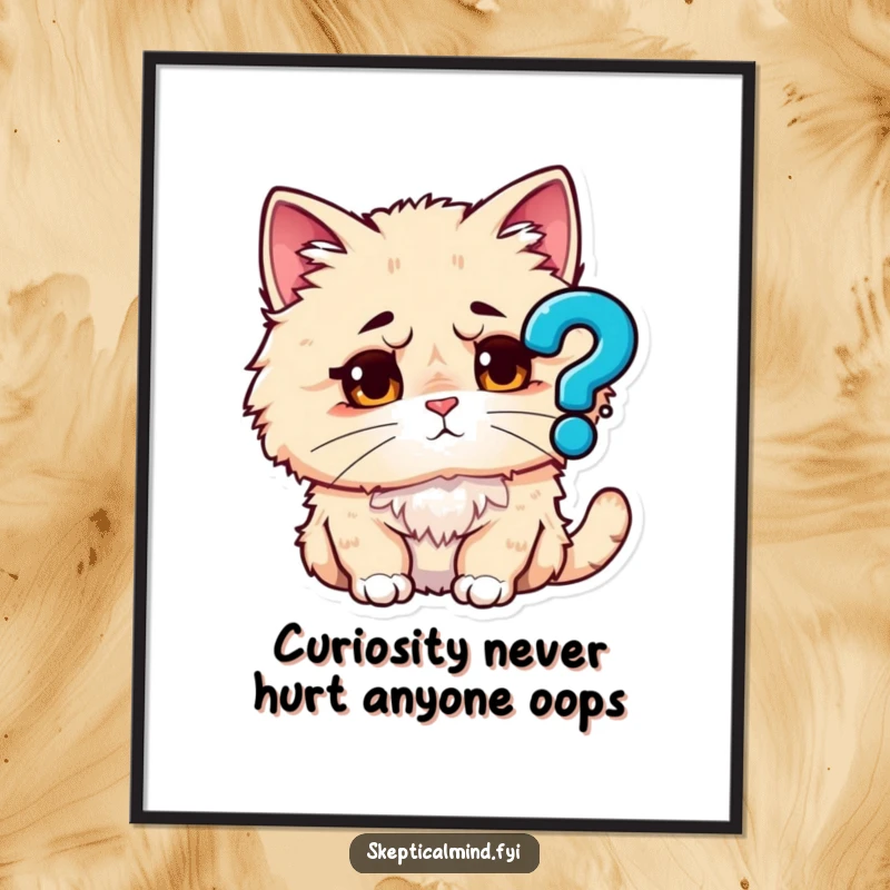 Funny Free Printable Wall Art: A confused fluffy cat stares at a bright question mark symbol, contemplating life's mysteries humorously.