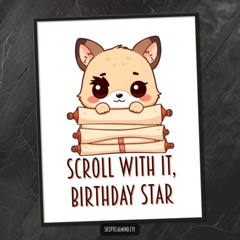 Funny Free Printable Wall Art: Kawaii animal with a raised eyebrow, peeking over a massive pile of scrolls, looking knowing.