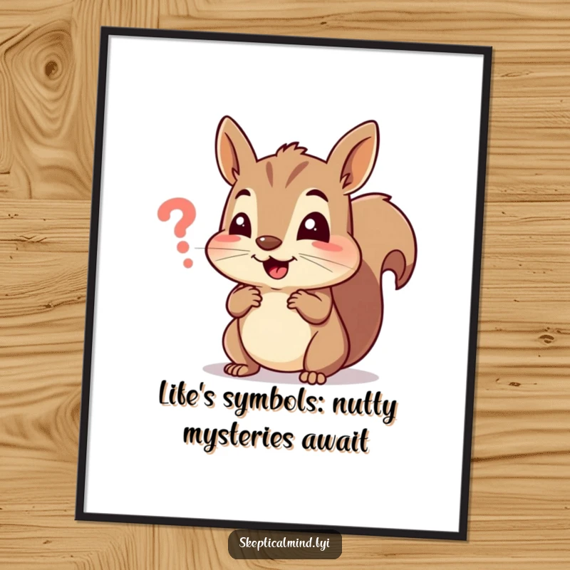 Funny free printable wall art featuring a cheerful squirrel intensely focused on a minuscule, perplexing symbol, pondering life’s mysteries.