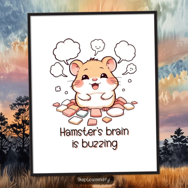 Funny Free Printable Wall Art: A giggling hamster peeks from a pile of scattered thought bubbles, full of ideas.