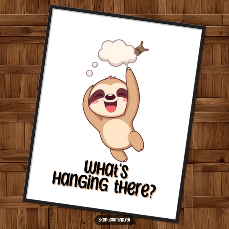 Funny Free Printable Wall Art: A giggling sloth dangles upside down, a thought bubble adding to its amusing presence.