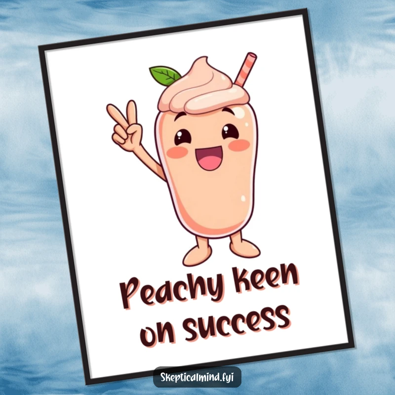 Funny Free Printable Wall Art: An excited peach smoothie character stands in a powerful and triumphant victory pose.