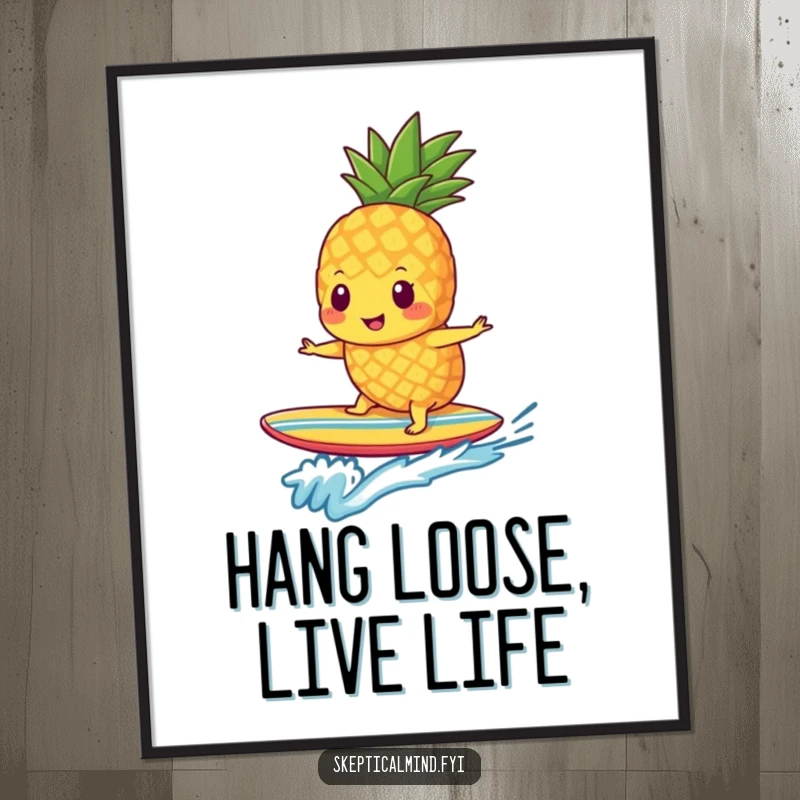 Funny Free Printable Wall Art: A cool pineapple smoothie dude shreds a tiny surfboard with a big smile.