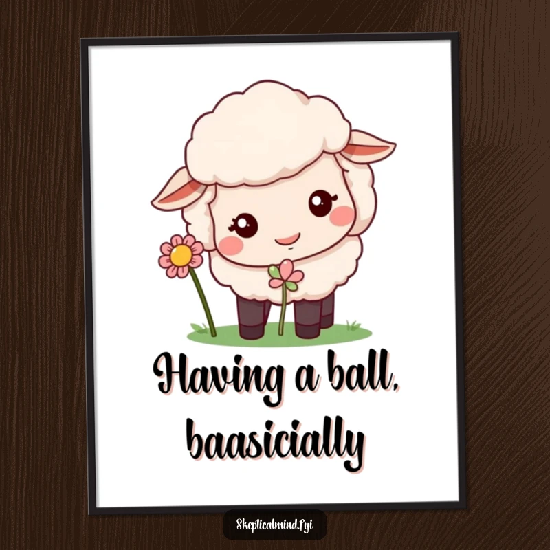 Funny Free Printable Wall Art: A sheep with a puzzled look sniffs a flower, creating humorous and unique DIY decor.