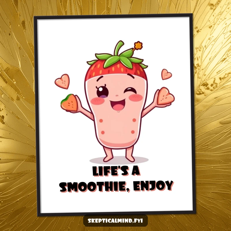 Funny Free Printable Wall Art: Smiling strawberry smoothie character juggling smaller fruit pieces, a cheerful and humorous downloadable poster.