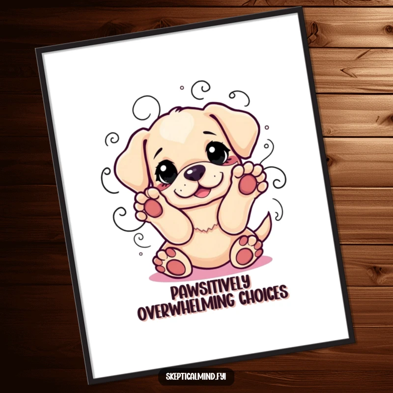 Funny Free Printable Wall Art: A playful puppy with front paws raised is surrounded by swirling lines, representing humorous indecision.